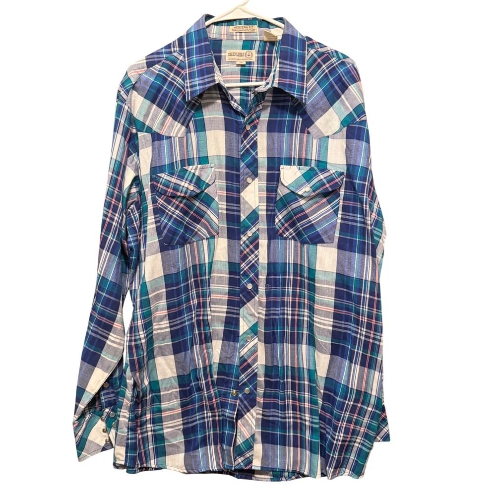 Sheplers Mens XL Blue Teal Plaid Pearl Snap Western Fit Long Sleeve Shirt